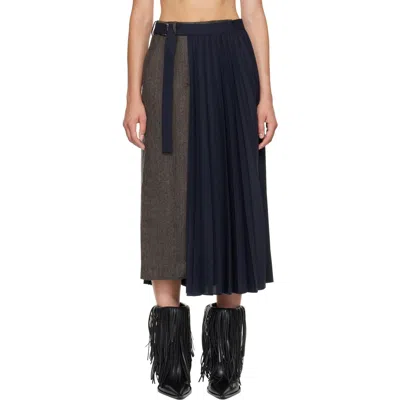 Sacai Taupe & Navy Herringbone X Suiting Midi Skirt In 605 Brownã—navy