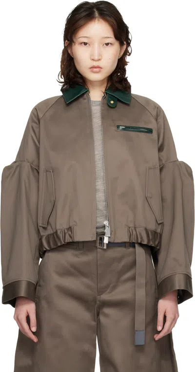 Sacai Pleated Leather-trimmed Cotton-twill Jacket In Brown