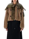 Sacai Cropped Fleece And Nylon Jacket In Beige