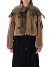 Sacai Cropped Fleece And Nylon Jacket In Beige Olive