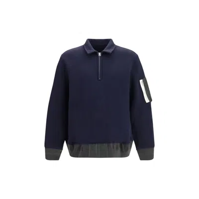Sacai Terry Cloth Zip Polo Shirt In Blue