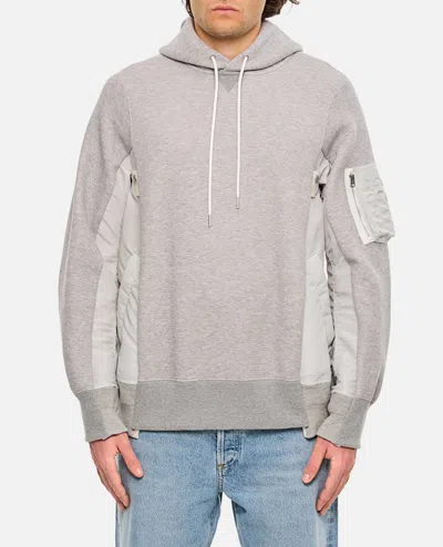 SACAI TERRY SWEATSHIRT WITH TWILL AND NYLON HOOD