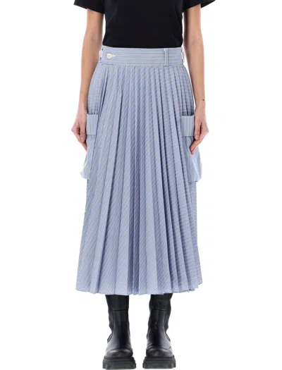 Sacai Thomas Mason Cotton Poplin Skirt In Light Blue White