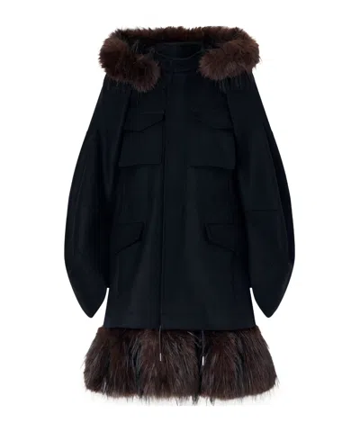 Sacai Padded Plush-trimmed Wool Coat In Blue