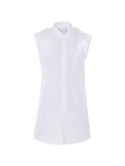 Sacai Tulle-panelled Sleeveless Dress In White