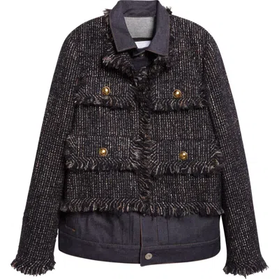 Sacai Tweed & Denim Layered Jacket In Black