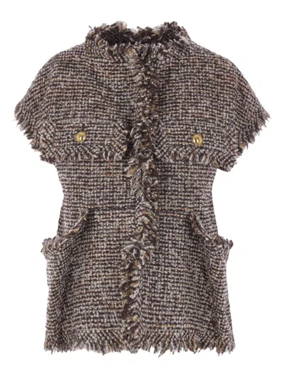 Sacai Short-sleeved Tweed Jacket In Brown