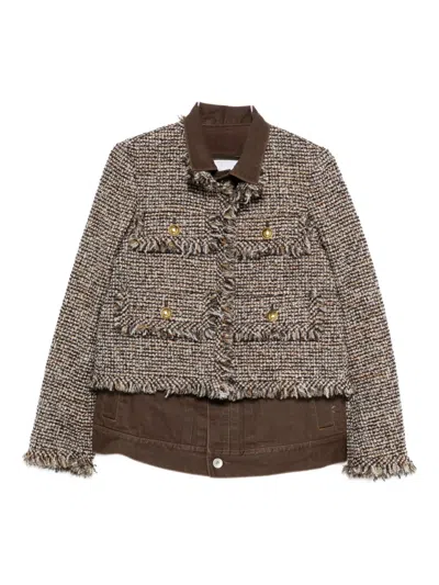 Sacai Tweed-fringed Jacket In Brown