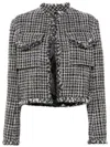 Sacai Womens Off White Blue Collarless Down-fill Wool-blend Tweed Jacket In Weiss