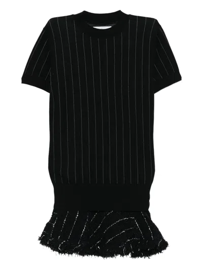 Sacai Tweed-knit Ruffle Dress In Black