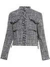 Sacai Womens Off White Blue Collarless Down-fill Wool-blend Tweed Jacket In White