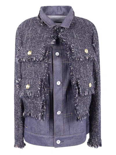 Sacai Tweed-panel Denim Jacket In Blue