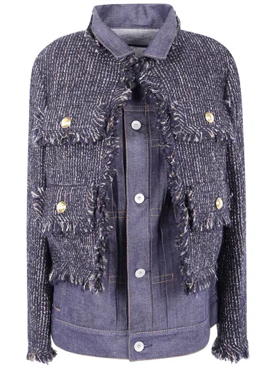 Sacai Tweed-panel Denim Jacket In Blue
