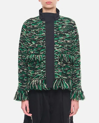 Sacai Mixed Media Fringe Wool Blend Tweed Jacket In Green