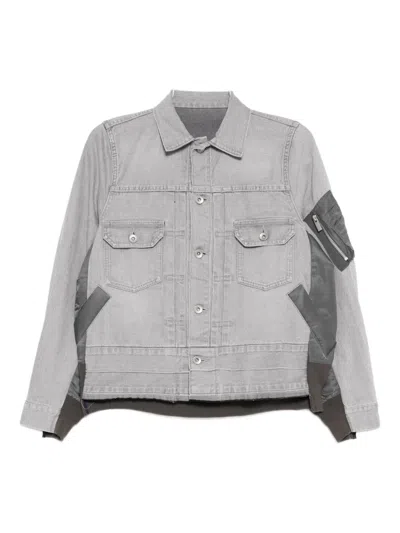 Sacai Twill-patch Denim Jacket In Gray
