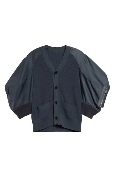 Sacai Twill Raglan Sleeve V-neck Cardigan In Blue Gray