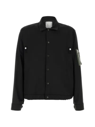 Sacai Mens Black Contrast-layered Wool-blend And Nylon Jacket