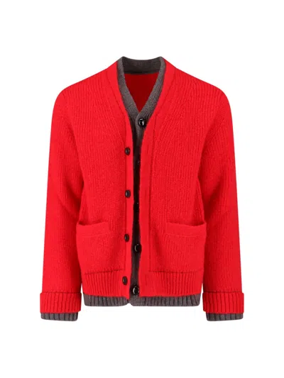 Sacai Two-tone Knit Cardigan In Red