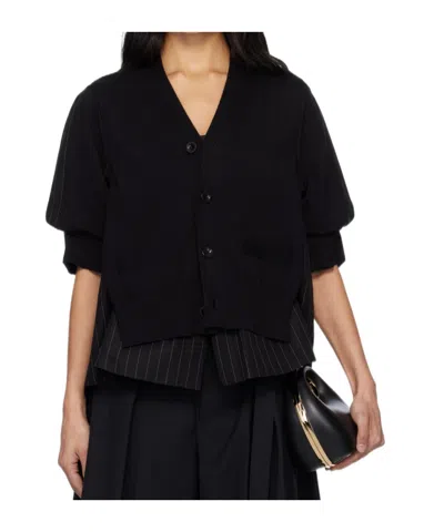 Sacai V-neck Patchwork Cardigan In Black