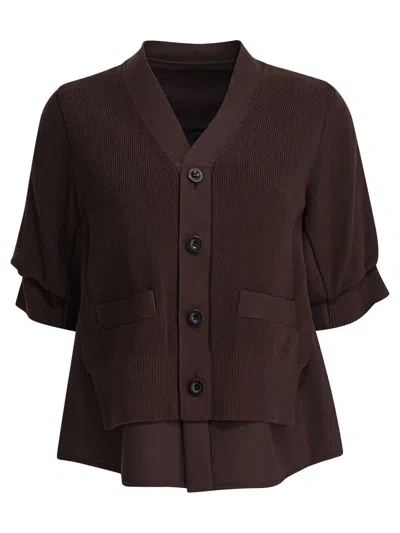 Sacai V-neck Knitted Cardigan In Brown
