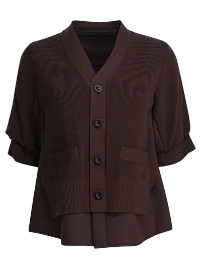 Sacai Knitwear Sweater With V-neck And Pockets In Brown