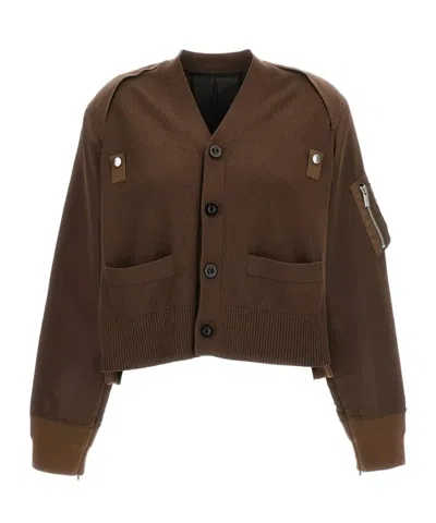 Sacai V-neck Bomber Jacket In Brown