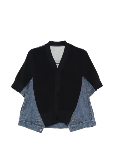 Sacai Two-tone Denim And Knit Cardigan In Black