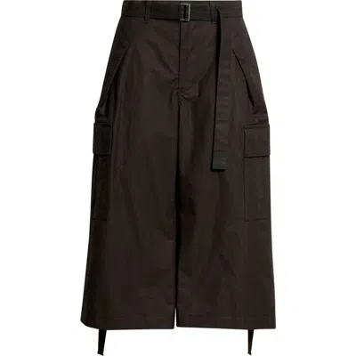 Sacai Weather Coated Cotton Twill Cargo Wide Leg Crop Pants In Brown