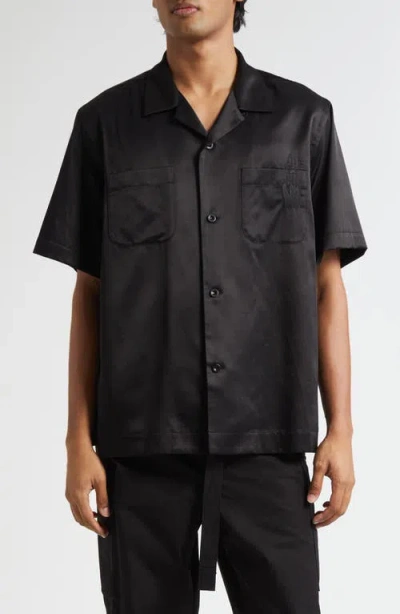 Sacai Where The Wild Things Are Embroidered Satin Camp Shirt In Black
