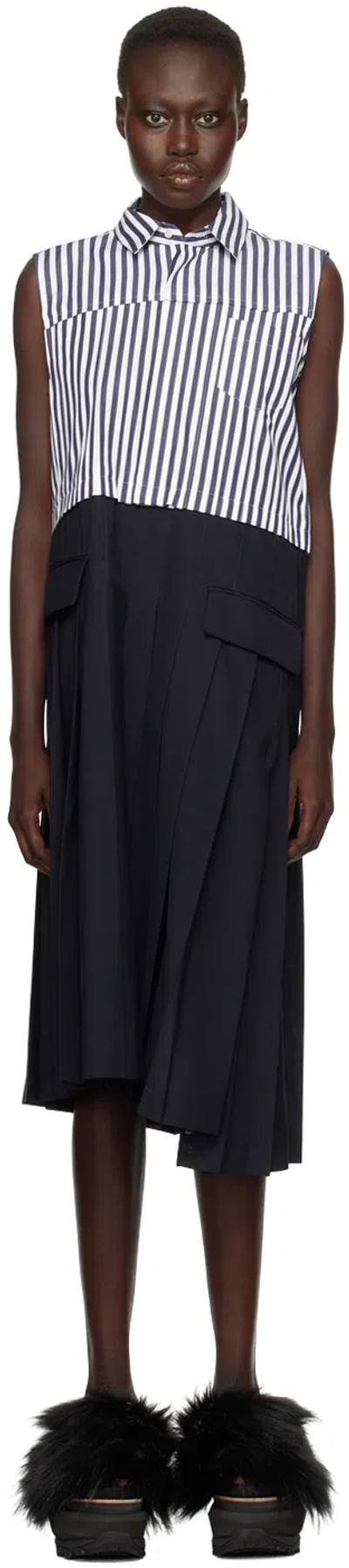 Sacai Striped Asymmetric Pleated Cotton-poplin And Woven Midi Dress In 248 Navy*stripe
