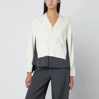 SACAI WHITE CARDIGAN WITH GREY PINSTRIPE SHIRT INSERT