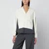 Sacai White Cardigan With Grey Pinstripe Shirt Insert In Gray