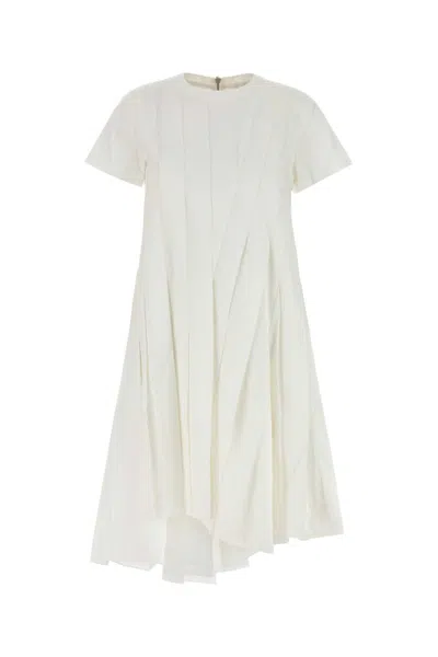 Sacai Poplin Dress With Asymmetric Hem And Pleated Design In White