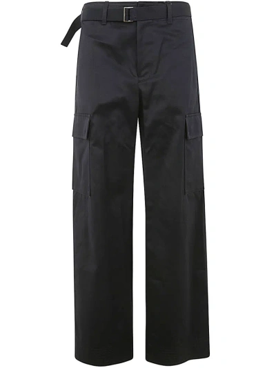 Sacai Wide Leg Belted Trousers In Navy