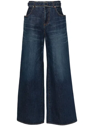 Sacai High Rise Belted Denim Wide Jeans In Blue