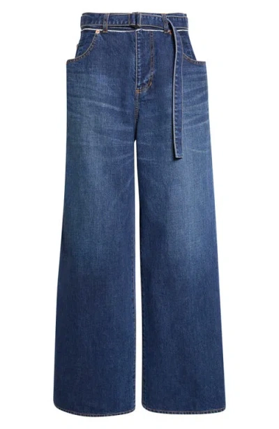Sacai Wide Leg Self-belt Jeans In Blue