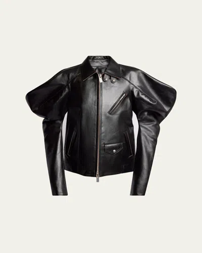 Sacai Wide Sleeve Leather Jacket In Black