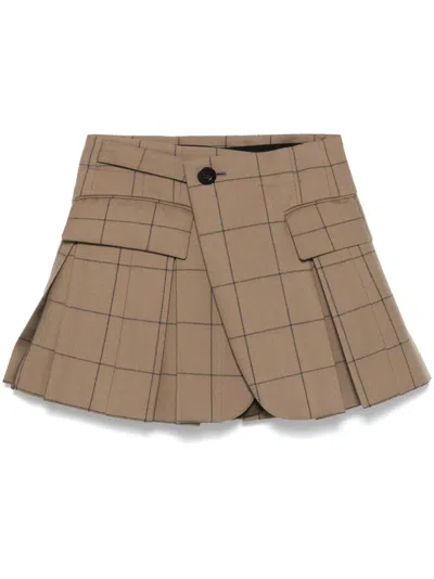 Sacai Windowpane-print Shorts In Brown