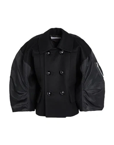 SACAI SACAI WOMAN COAT BLACK SIZE 2 WOOL, NYLON, POLYESTER, COTTON, POLYURETHANE