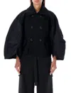 Sacai Puff Nylon-sleeve Cropped Wool Pea Coat In Black