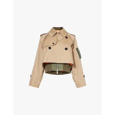 SACAI WOMENS BEIGE CROPPED DOUBLE-BREASTED COTTON-BLEND JACKET
