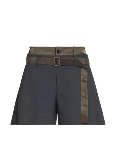 Sacai Women's Belted Hybrid Design Twill Shorts In Gray