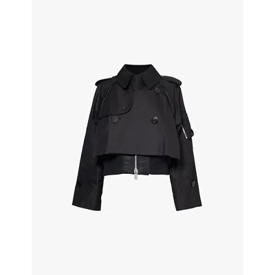 Sacai Womens Black Contrast-panel Double-breasted Cotton-blend Jacket
