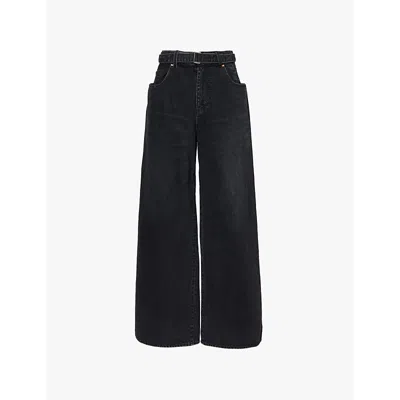 Sacai Womens Black Faded-wash Wide-leg High-rise Denim Trousers