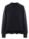 Sacai Cotton Blend Crew Neck Pullover With Pleated Back In Black