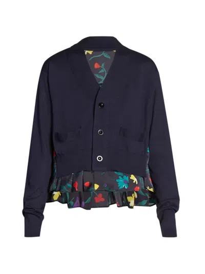 Sacai Women's Floral Cotton-blend Cardigan In Navy