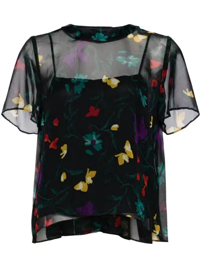 Sacai Floral-print Sheer Top In Black