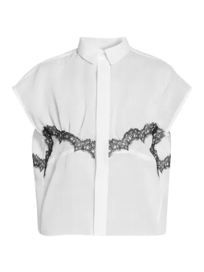 Sacai Women's Lace-trim Wool-blend Short-sleeve Shirt In White