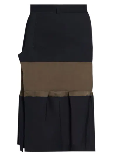 Sacai Women's Mixed-media Wool-mesh Midi-skirt In Black