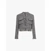 Sacai Womens Off White Blue Collarless Down-fill Wool-blend Tweed Jacket In Off White Blue